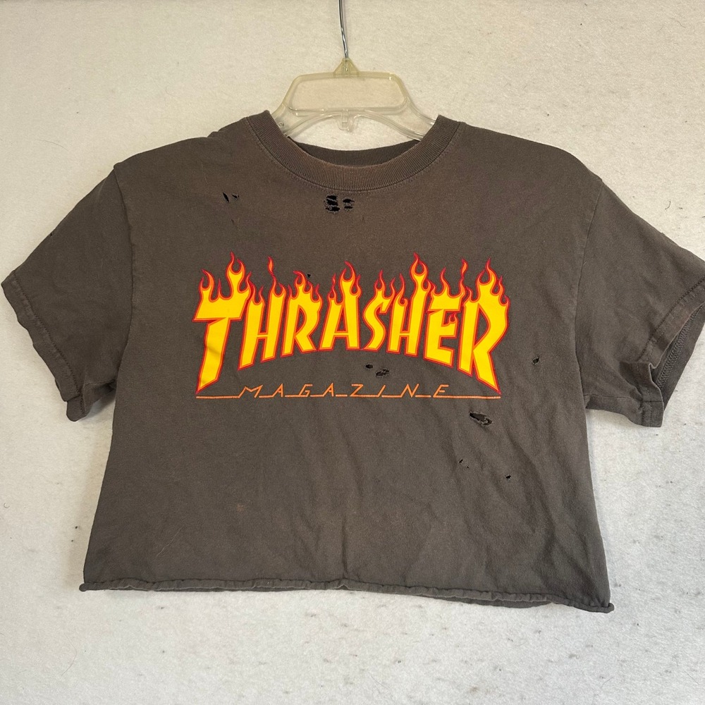 Thrasher Magazine Flame Logo Distressed Cropped T-Shirt Gray Skater Grunge Small